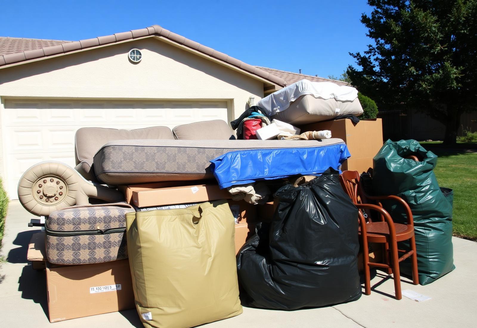 Household junk including a couch, mattress and boxes stacked in a driveway ready for removal