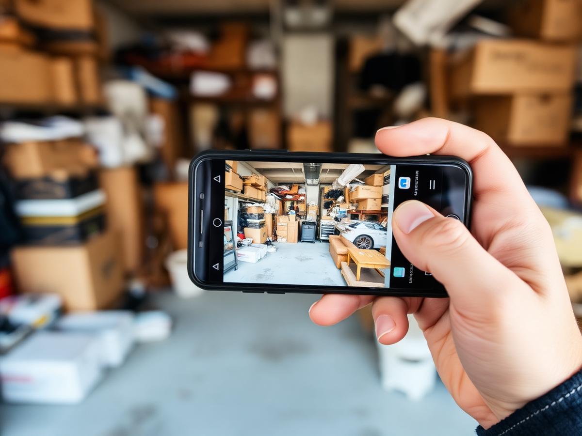 Person photographing a cluttered garage with a smartphone to request a junk removal quote